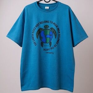The Earth Does Not Belong to Man" Environmental T-Shirt - Teal Turtle Print
